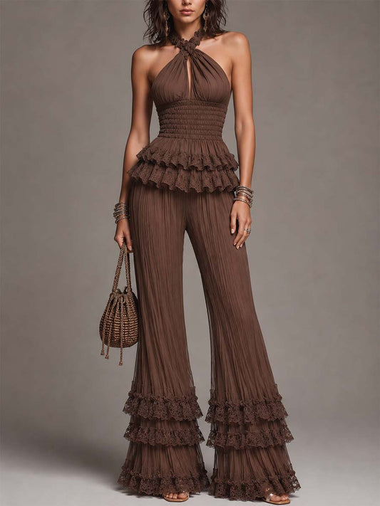 Chocolate Brown Knit & Crinkled Chiffon Lace Ruffled Halter Two-Piece Set