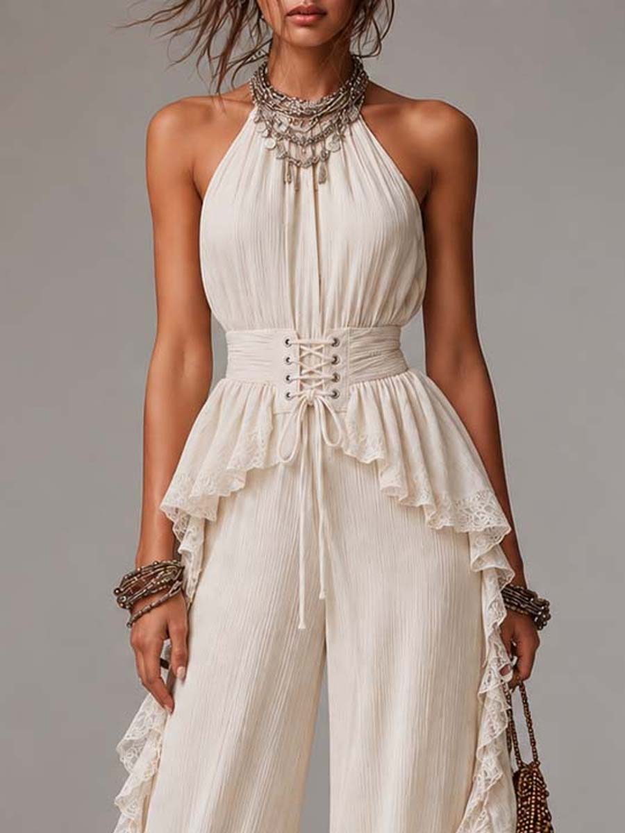Cream Crinkled Chiffon Lace Ruffled Halter Wide-Leg Jumpsuit