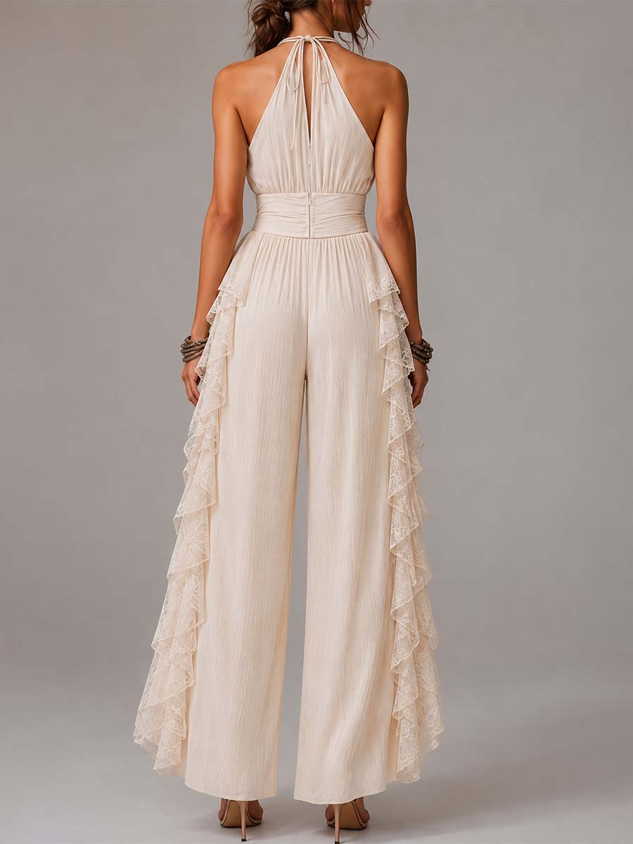 Cream Crinkled Chiffon Lace Ruffled Halter Wide-Leg Jumpsuit