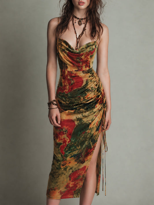 Retro-Print Cowl Neck Midi Dress With High Slit