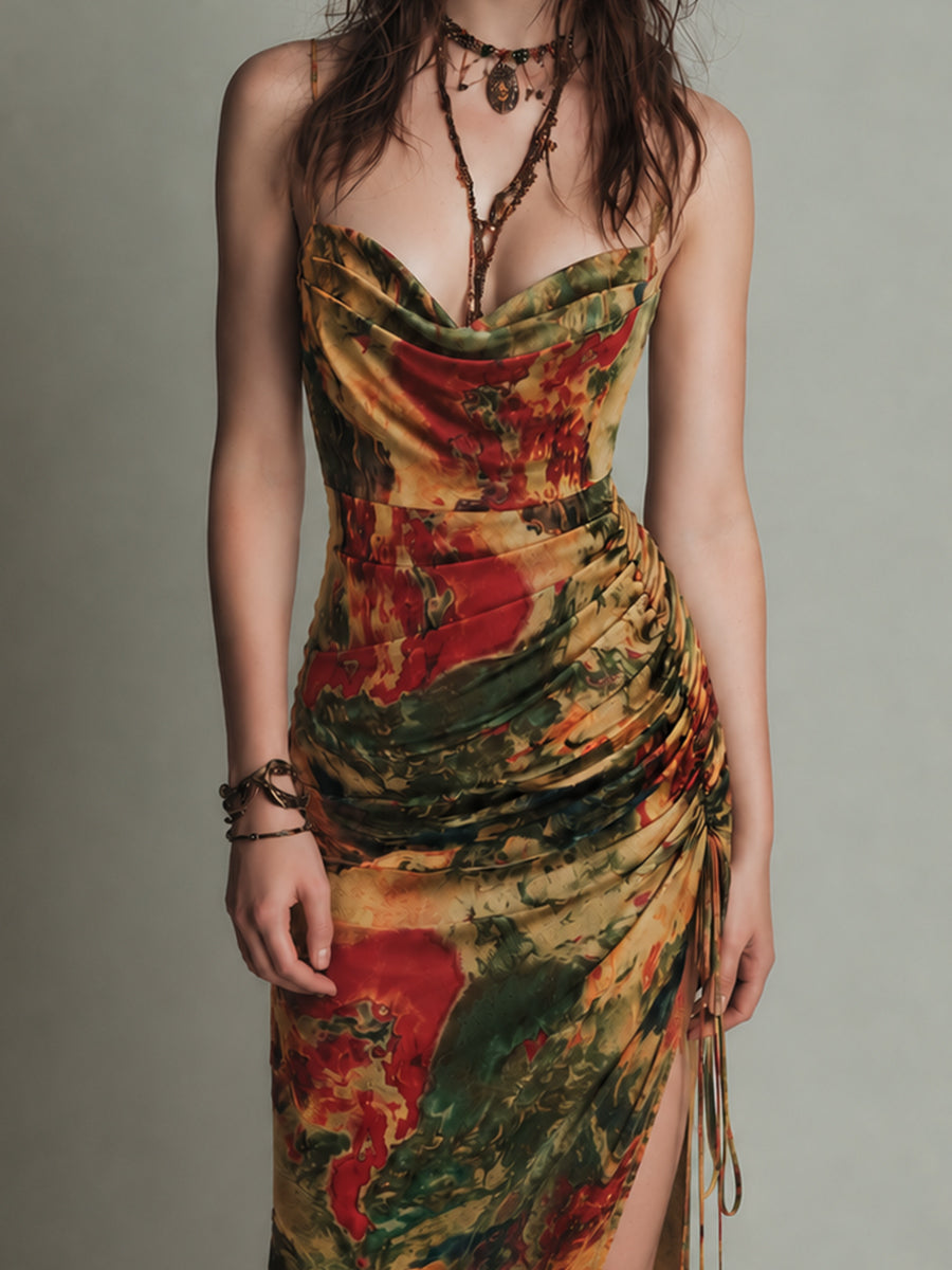 Retro-Print Cowl Neck Midi Dress With High Slit