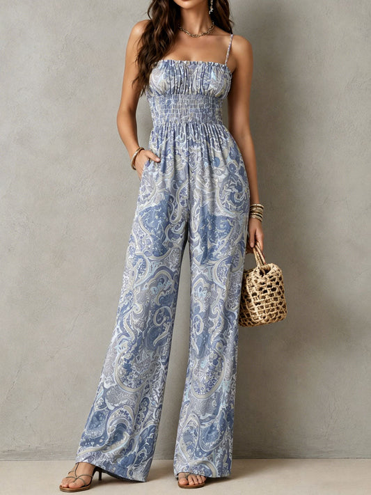 Boho Dusty Blue Paisley Print Smocked Bodice Jumpsuit With Wide-Leg