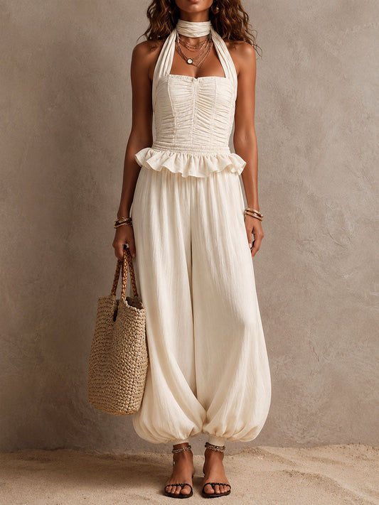 Boho Ivory Ruched Peplum Waist Halter Harem Jumpsuit