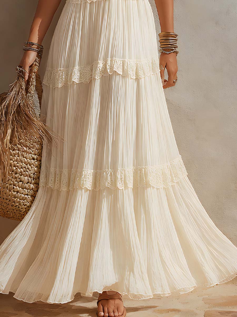 Bohemian Resort-Style Lace Fabric And Pleated Skirt Maxi Dress