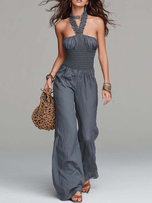 Slate Blue Tencel-Linen Blend Halter Smocked-Waist Wide-Leg Jumpsuit