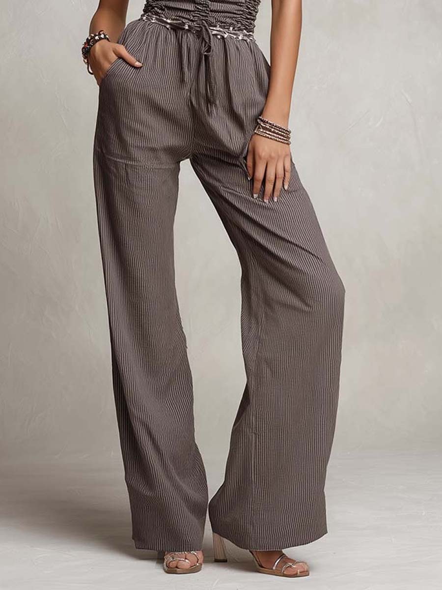 Charcoal Gray Pinstripe & Lace Halter Smocked-Waist Wide-Leg Jumpsuit