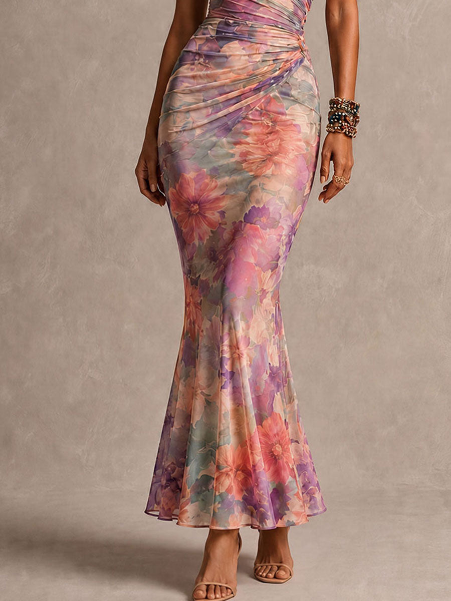 Boho Romantic Floral One-Shoulder Ruched Mermaid Dress