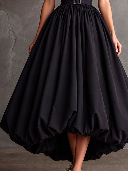 Retro Elegant Black Halter Belted Bubble Hem Dress