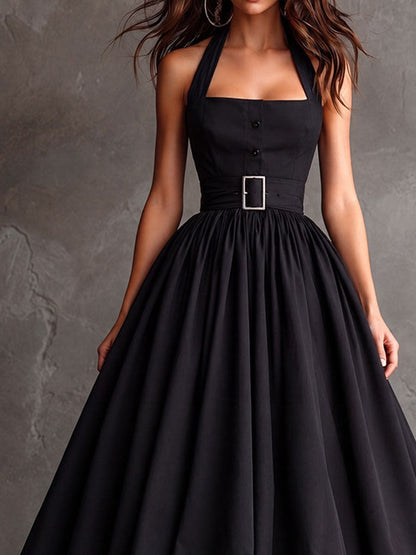 Retro Elegant Black Halter Belted Bubble Hem Dress