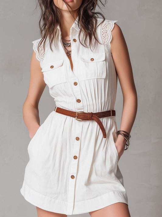 White Cotton Lace-Trimmed Sleeveless Shirtdress With Removable Belt