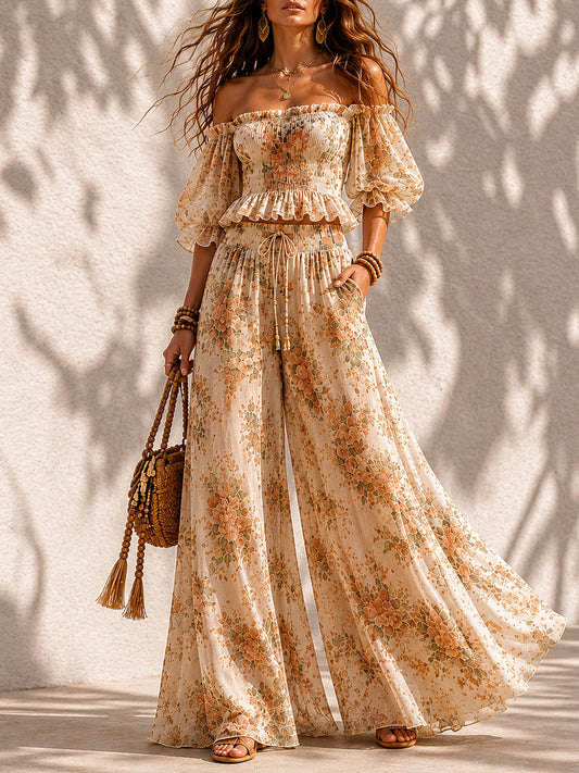 Boho Floral Off-Shoulder Smocked Top & Wide-Leg Pants Two-Piece Set