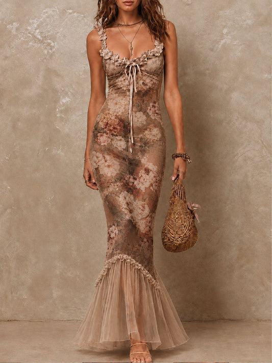 Retro Boho Romantic Sheer Mesh Floral Ruffle Mermaid Maxi Dress