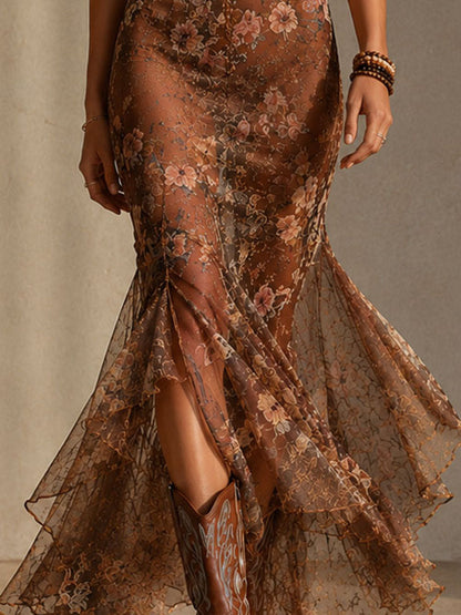Boho Romantic Sheer Brown Floral Corset Bodice Mermaid Dress