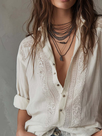 Vintage Lace Trim Cotton-Linen Blouse