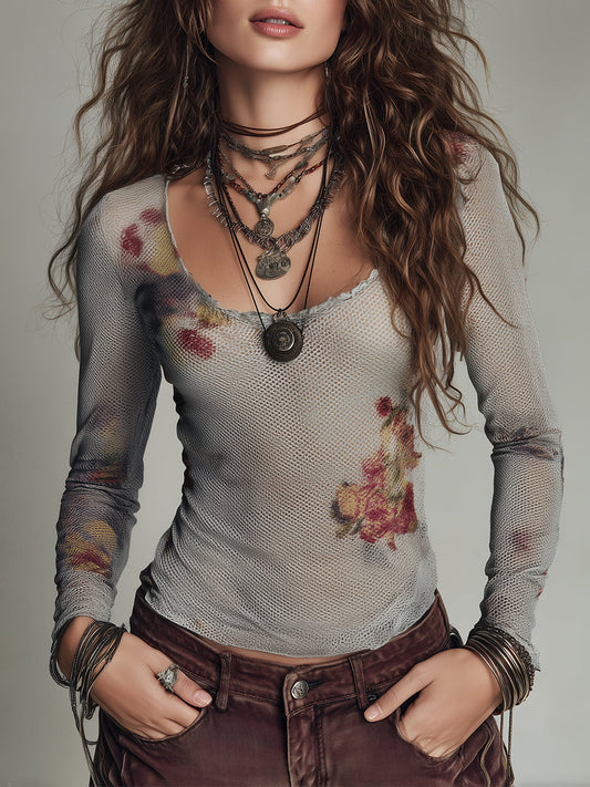 Retro Printed Mesh Slim-Fit Long-Sleeve U-Neck T-Shirt