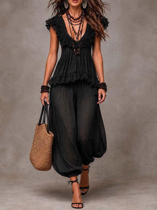 Black Cotton-Lace Bohemian Co-Ord Set With Harem Pants
