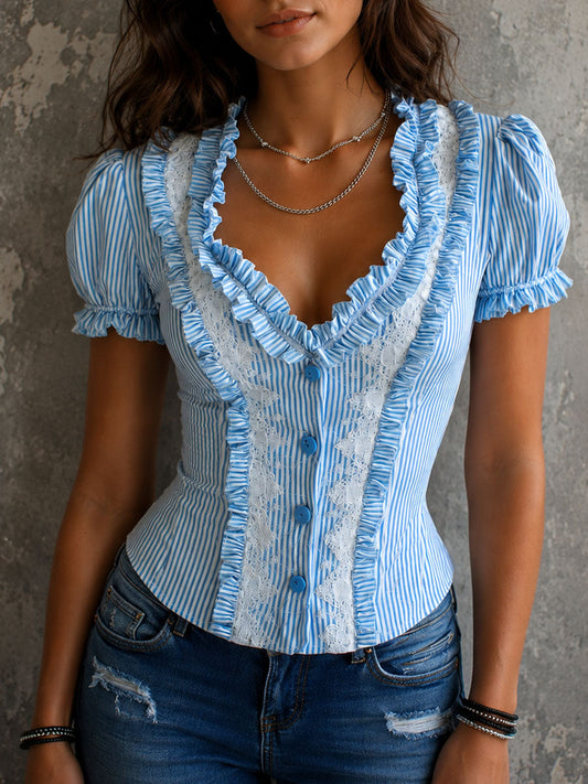 Retro Elegant Blue Striped Ruffle Lace Blouse