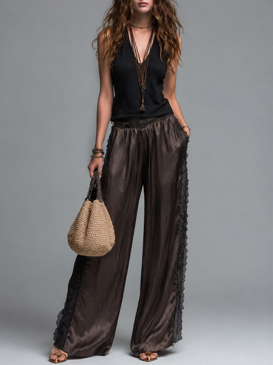 Casual V-Neck Sleeveless Top & Lace-Trimmed Wide-Leg Pants Set