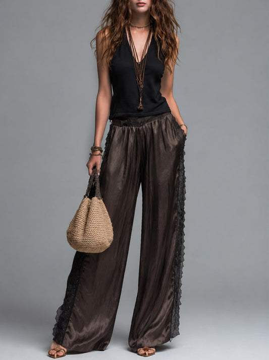 Casual V-Neck Sleeveless Top & Lace-Trimmed Wide-Leg Pants Set