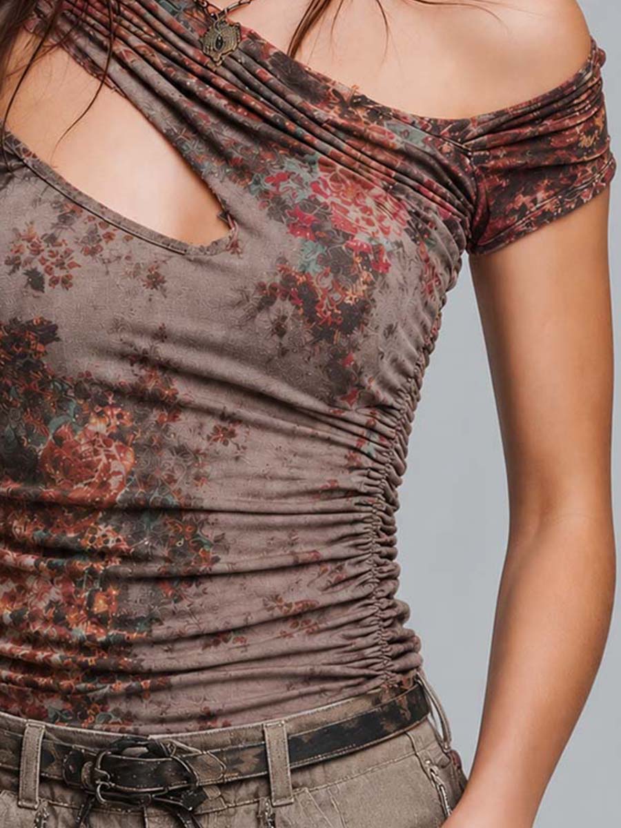 Vintage Boho Floral Cotton Knit Asymmetric Ruched Top