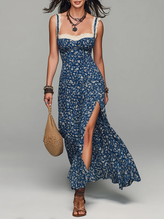 Quiet Luxury Floral Print Lace Trim Maxi Dress With High Slit