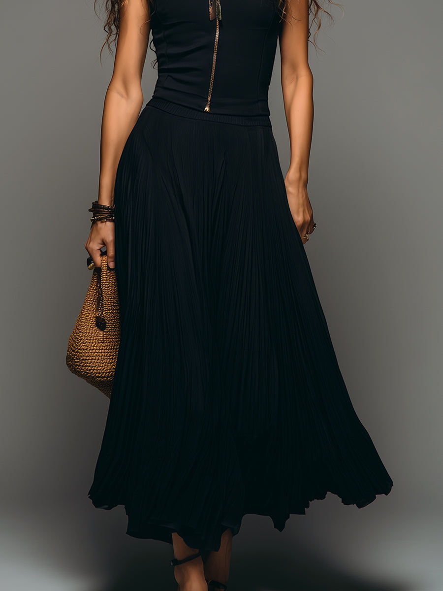 Retro Stand-Collar Zip-Front Slim-Fit Top & Pleated Maxi Skirt Set