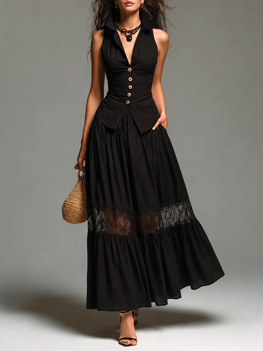 Retro Shirt-Collar Slim-Fit Vest & Lace-Trimmed Maxi Skirt Set