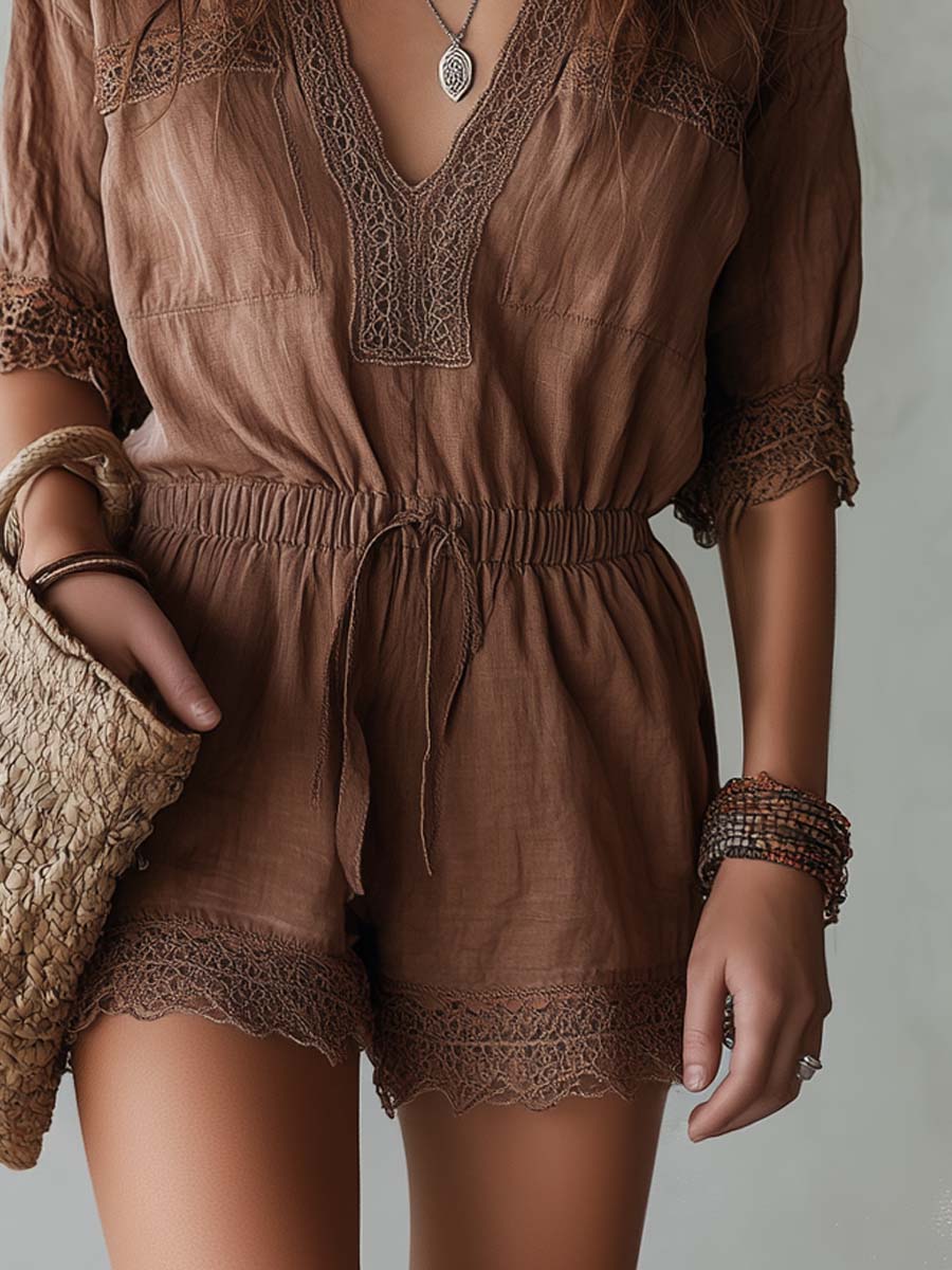 Retro Lace-Trimmed Cotton-Linen Short-Sleeve Jumpsuit
