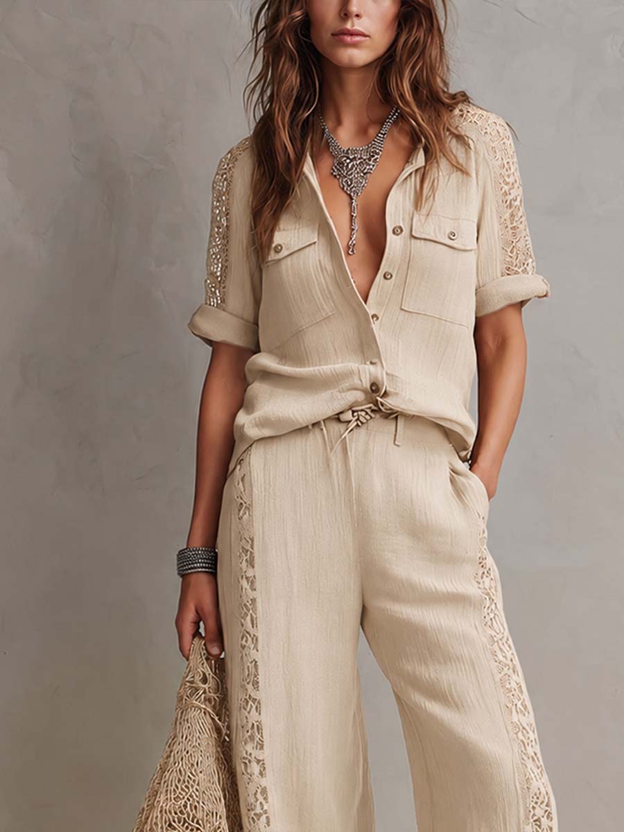 Retro Lace Trim Cotton-Linen Two-Piece Set