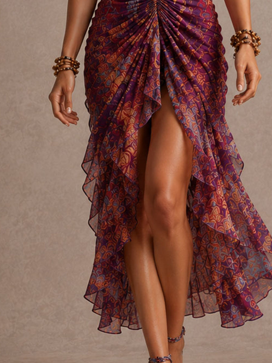 Bohemian Halter Ruched Chiffon High-Low Midii Dress