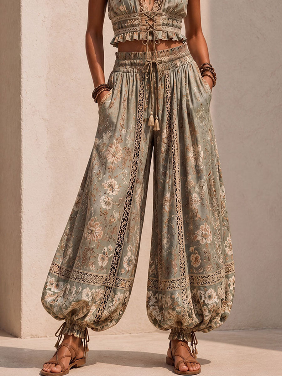 Bohemian Vacation Floral Lace Trim Top & Balloon Pants Two-Piece Set