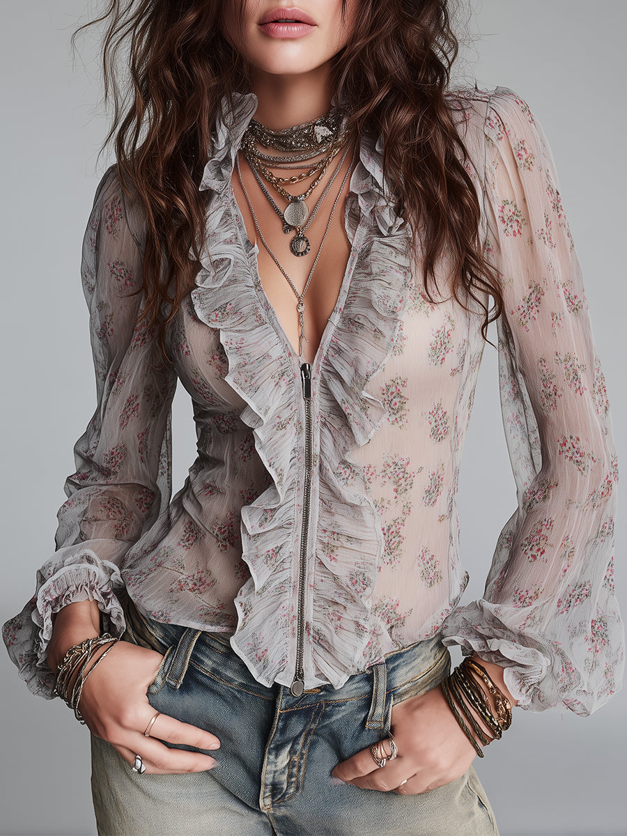 Retro Ruffled-Trim Printed Front Zipper Chiffon Long Sleeves Blouse