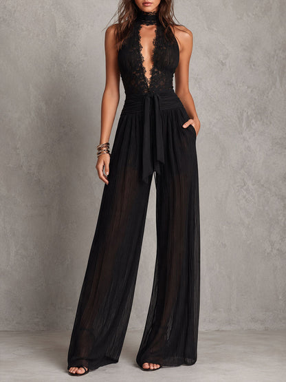 Boho Romantic Black Lace Halter Sheer Pleated Wide-Leg Evening Jumpsuit