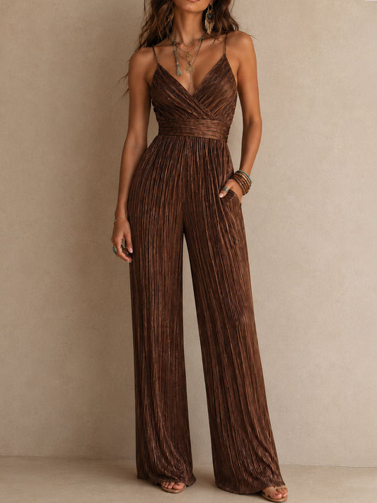 Quiet Luxury Bronze Pleated Wide-Leg Jumpsuit