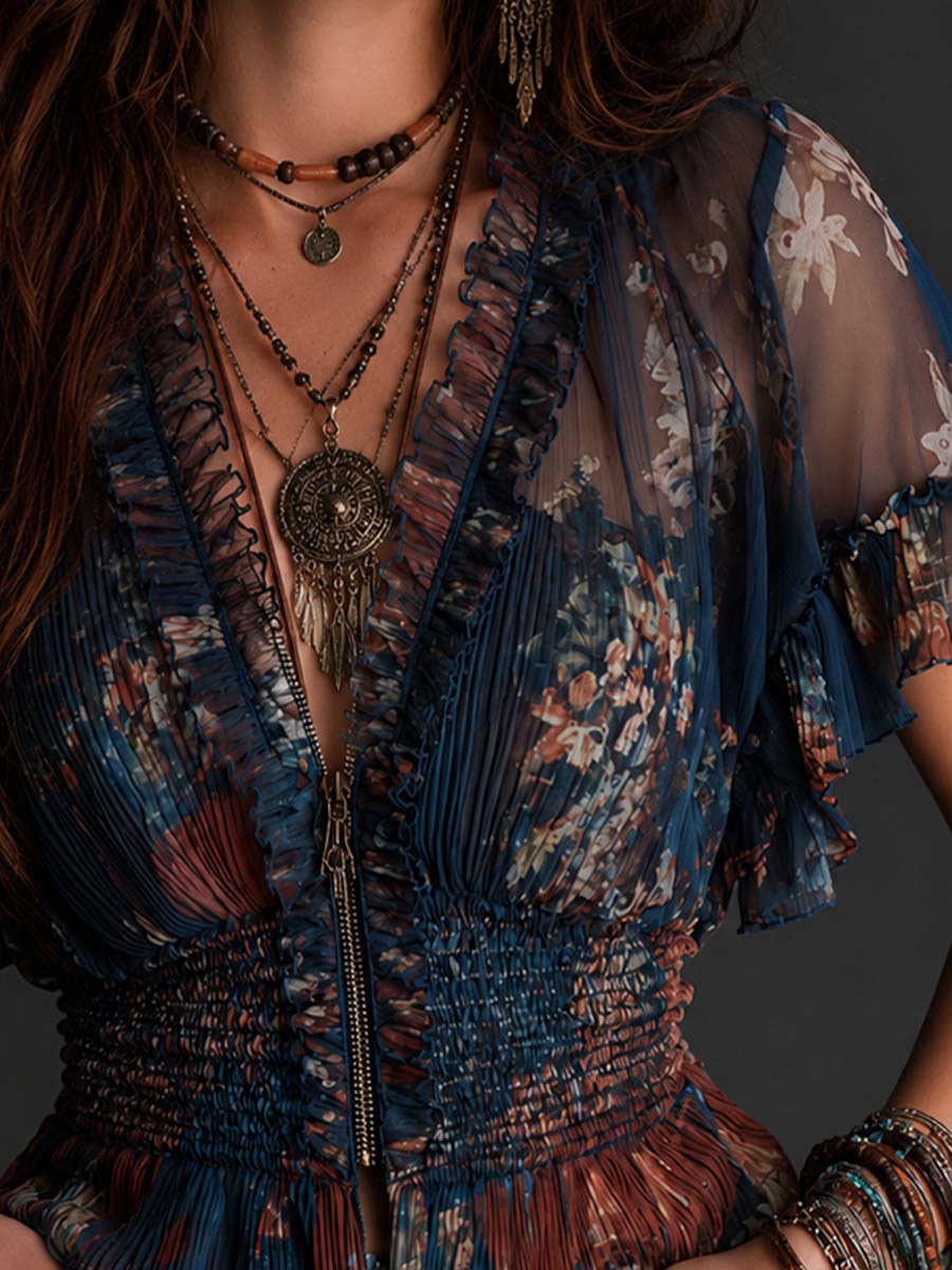 Vintage Boho Floral Crinkle Chiffon Ruffle Zip Front Smocked Waist Short Sleeve Blouse