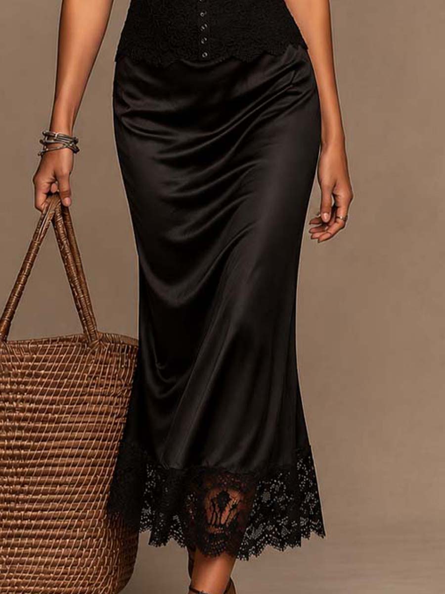 Vintage Lace Cami Spliced Satin Lace Hem Midi Dress