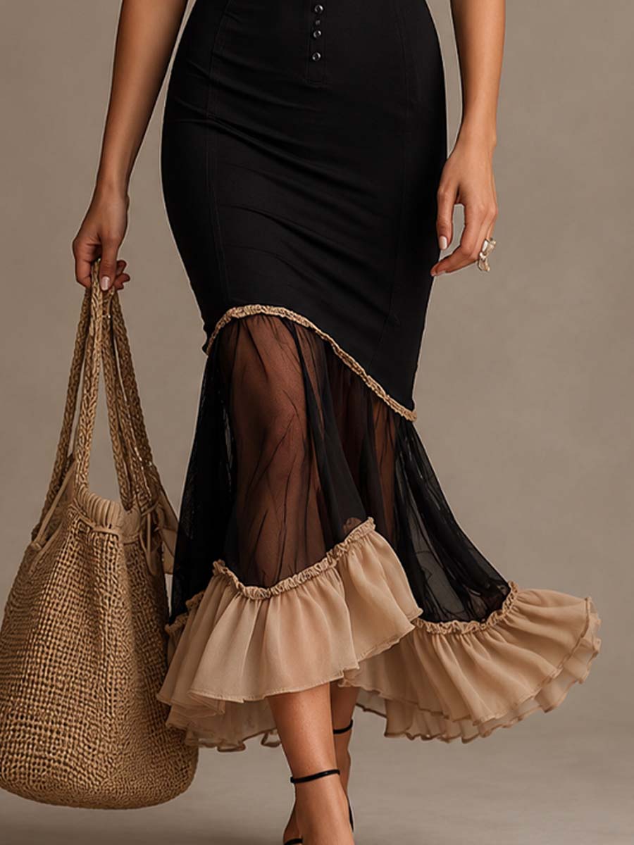 Vintage Ruffle Strap Mesh Ruffle Hem Midi Dress