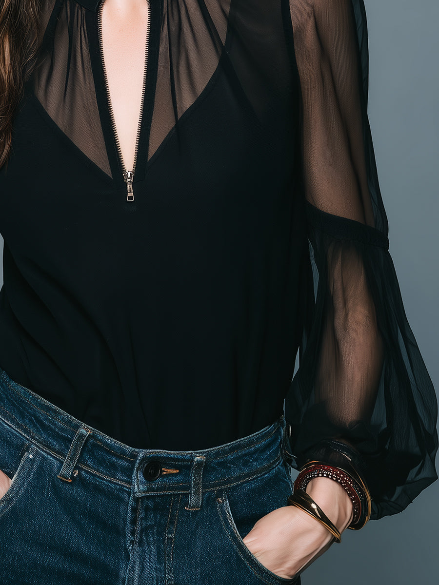 Vintage Chiffon-paneled Lantern-sleeve Blouse With Front Zip
