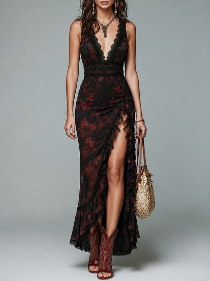 Elegant Lace Trim Floral Print High Slit Chiffon Maxi Dress