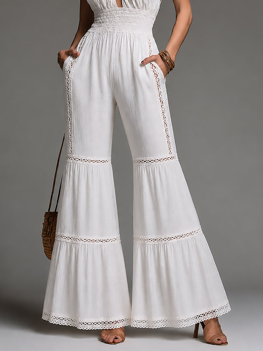 Retro Halter-neck Lace Trim Cotton-linen Ruffled Hem Jumpsuit