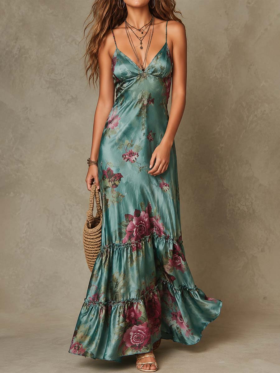 Vintage Floral Satin Cami Tiered Ruffle Maxi Dress