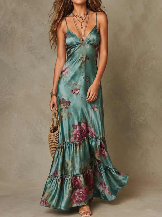 Vintage Floral Satin Cami Tiered Ruffle Maxi Dress