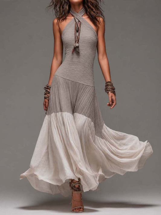 Vintage Boho Crinkle Cotton Halter Cross-Neck Maxi Dress