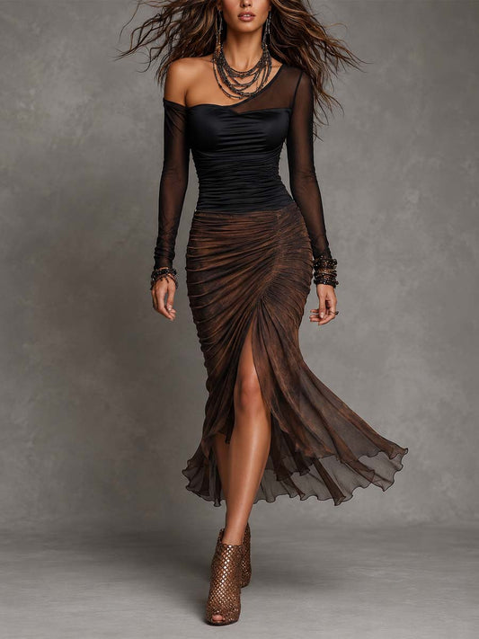 Romantic Bohemian Asymmetrical Mesh Ruched Paneled High Slit Midi Dress
