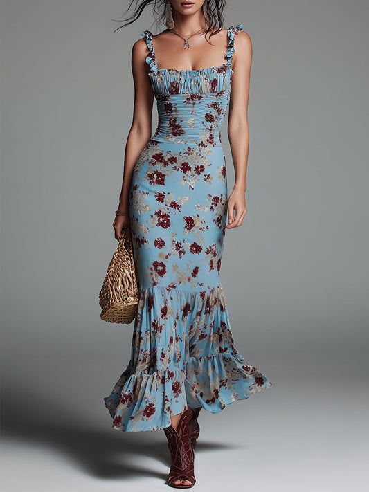 Vintage-print Fitted Sleeveless Ruffled Fishtail Hem Maxi Dress