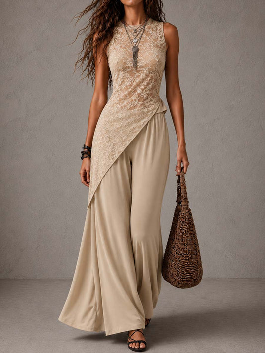 Vintage Lace Asymmetrical Top & Wide Leg Pants 2-Piece Set