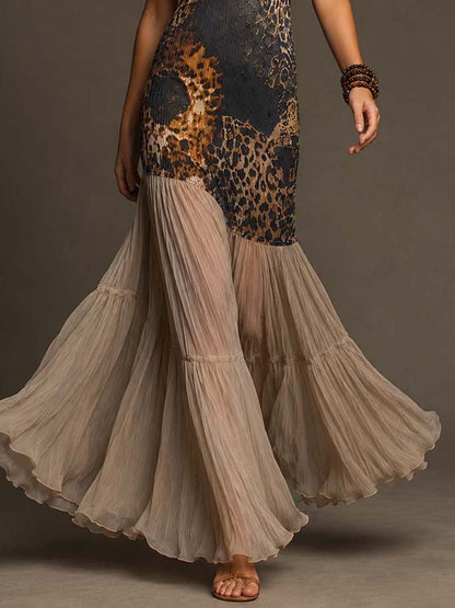 Retro Leopard Print Halter-neck Ribbed Chiffon Maxi Dress With Ruffles