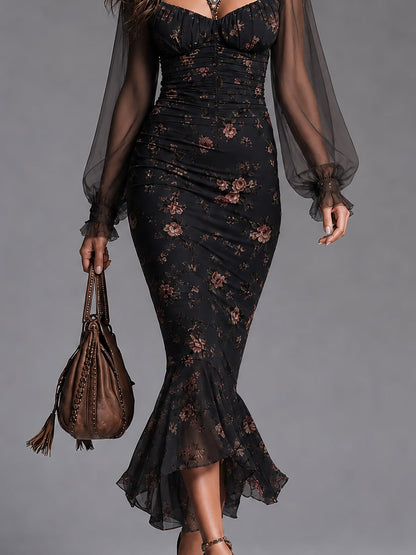 Elegant Floral-print Lantern Sleeves Maxi Dress With Fishtail Hem