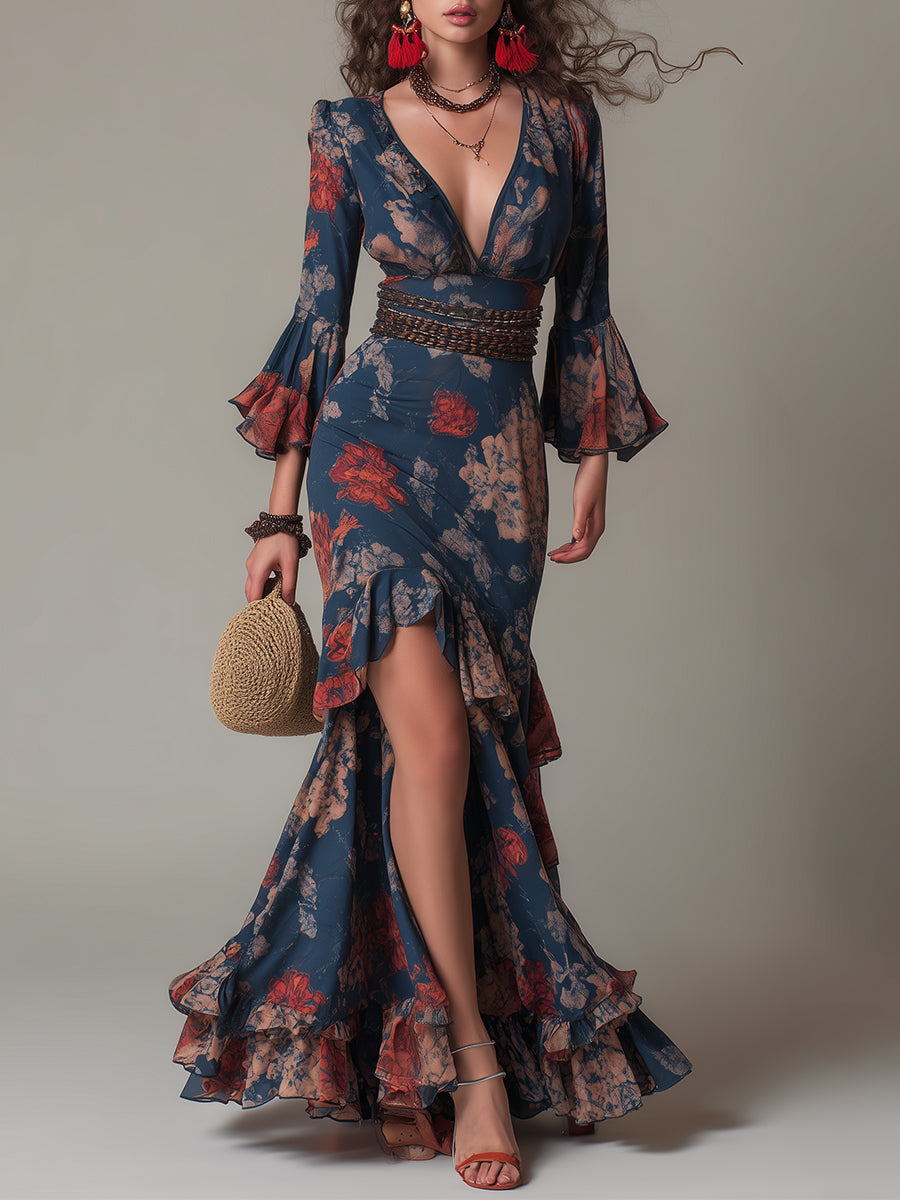 Vintage Floral Print Ruffle Trim High-low Maxi Dress