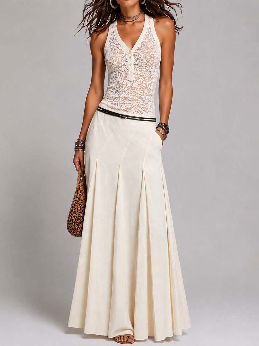 Vintage Neck Lace Tank Top & Pleated Maxi Skirt Two Piece Set
